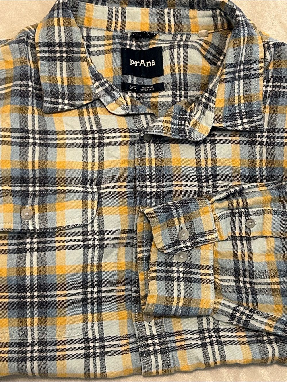 prAna Men's Long Sleeve Plaid Flannel Shirt Size L Yellow Blue Grey
